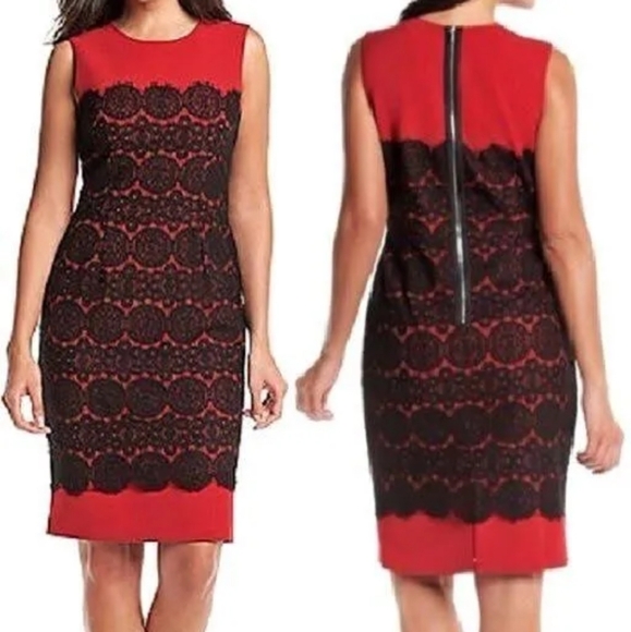 Anne Klein red dress with black lace. Size 14.  Sexy date night out hot prom - Picture 1 of 9